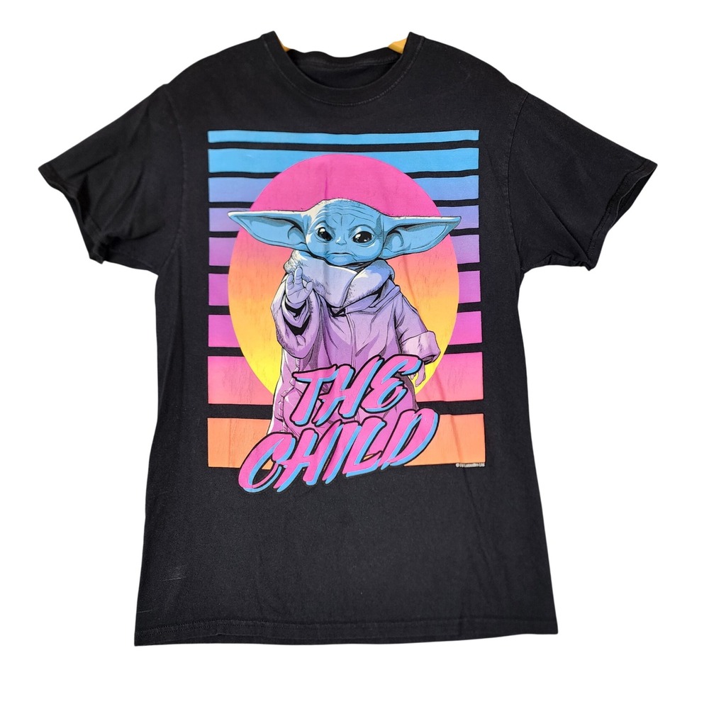 Star Wars The Mandalorian The Child Grogu Retro 80s Synthwave Black Shirt Small